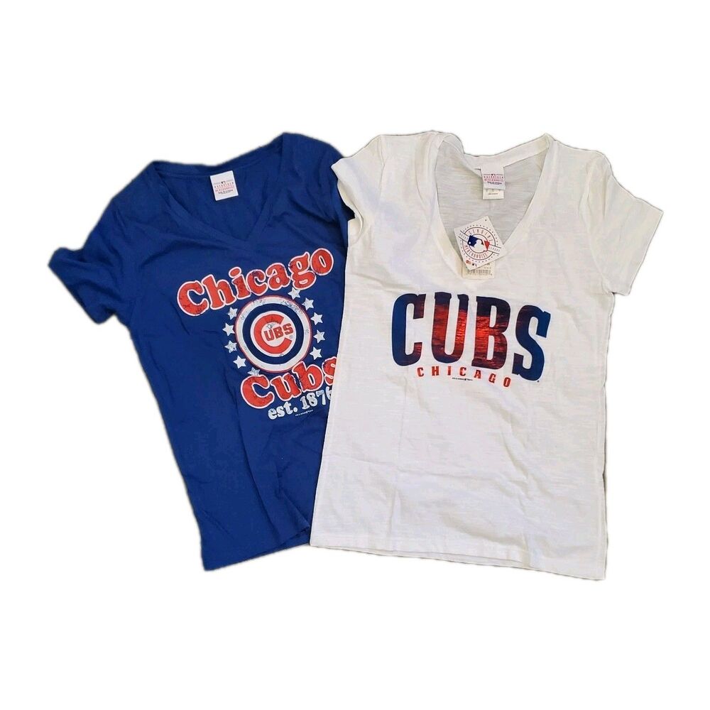 Bundle lot 2 NWT NWOT Chicago Cubs Womens Med V Neck Cotton Tee Shirts Baseball